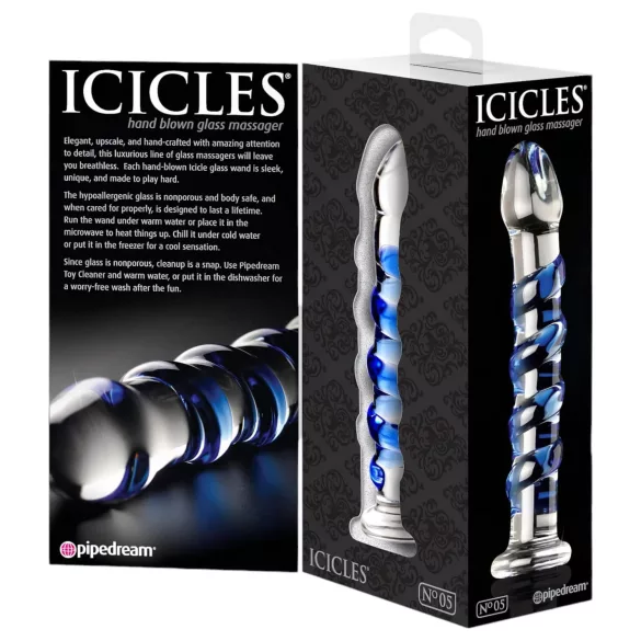 Icicles No. 5 - consolador de vidrio en espiral - transparente azul