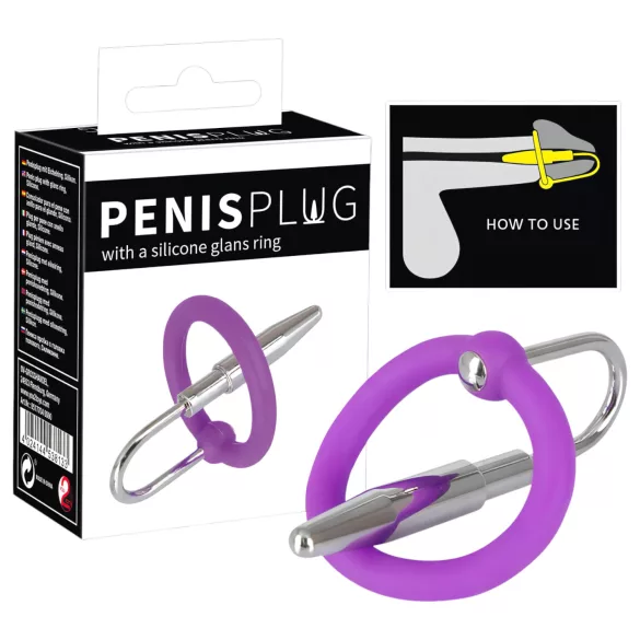 Plug uretral para pene - anillo de glande de silicona con dilatador cónico (lila‑plata)