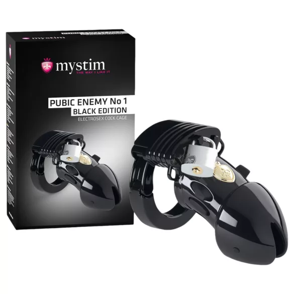 Mystim - Jaula para pene electro Black Edition Pubic Enemy No 1 - silicona negra