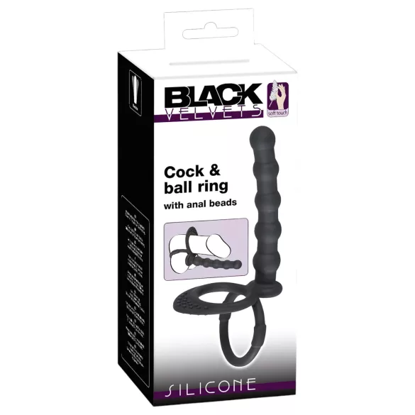 Black Velvets - anillo para pene y testículos con plug anal - silicona negra
