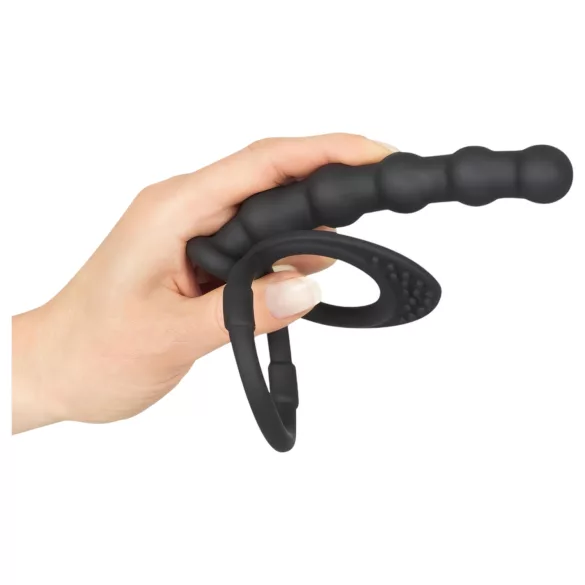 Black Velvets - anillo para pene y testículos con plug anal - silicona negra