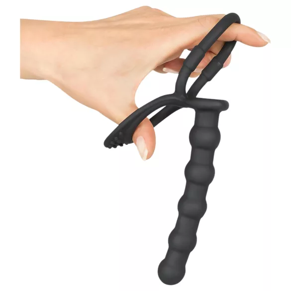 Black Velvets - anillo para pene y testículos con plug anal - silicona negra