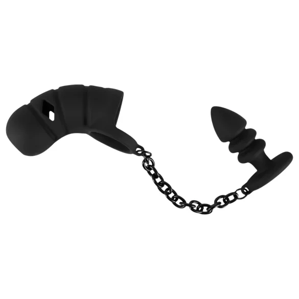 Black Velvets - jaula para pene de silicona con plug anal - negro
