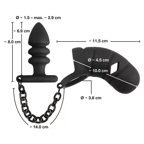 Black Velvets - jaula para pene de silicona con plug anal - negro