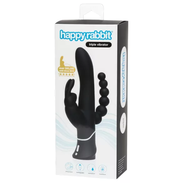 Happyrabbit Triple - vibrador doble clítoris y anal recargable - silicona negra