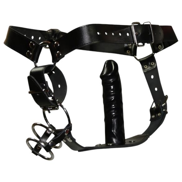 ZADO - Tanga de cuero con dildo y 3 aros para pene - L/XL