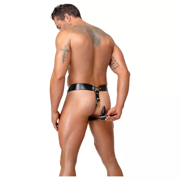 ZADO - tanga de cinturón de castidad de cuero negro con 2 candados (S-2XL)