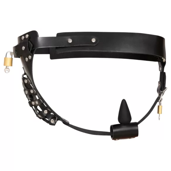 ZADO - tanga de cinturón de castidad de cuero negro con 2 candados (S-2XL)