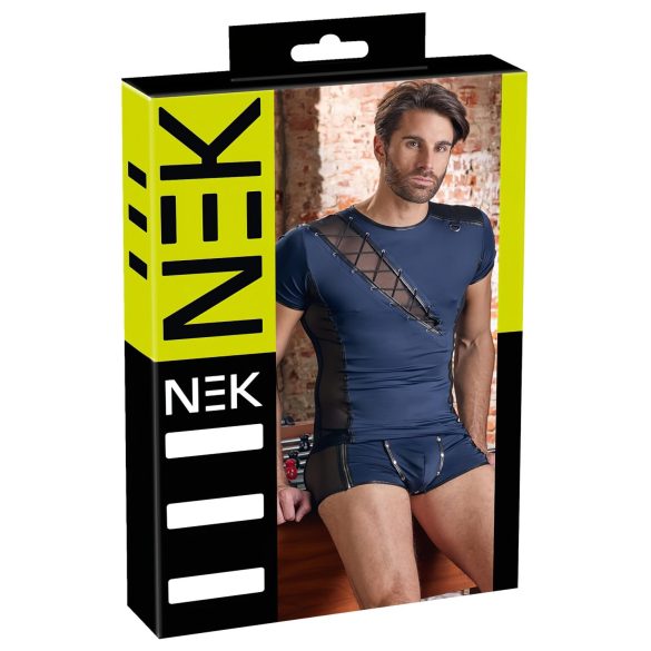 NEK - camiseta masculina azul con encaje negro y cordones - L