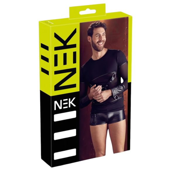 NEK - Camiseta negra manga larga cruzada para hombre