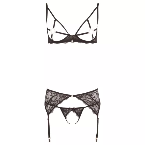 Abierta Fina - conjunto de sujetador de encaje brillante (negro) - XL