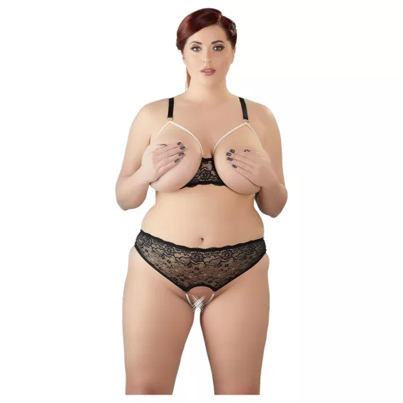 Cottelli Plus Size - conjunto de sujetador con perlas - negro - 2XL