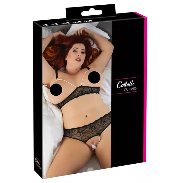 Cottelli Plus Size - conjunto de sujetador con perlas - negro - 3XL
