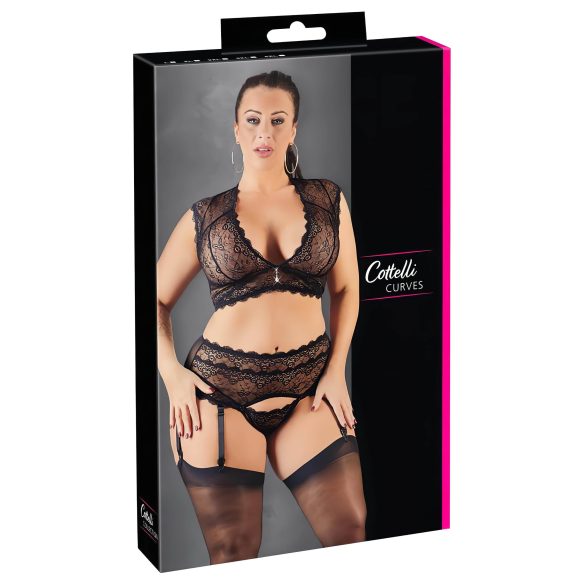 Cottelli Plus Size - Conjunto negro de encaje y strass - 2XL
