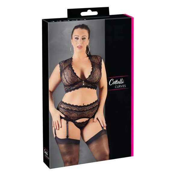 Cottelli Plus Size - Conjunto negro de encaje y strass - 2XL