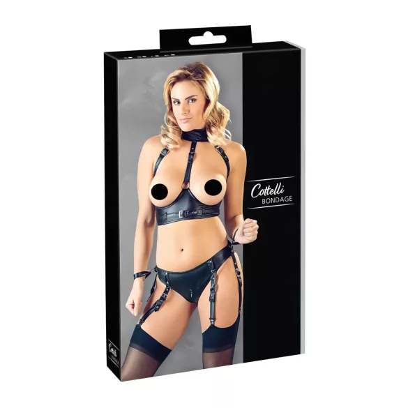 Cottelli Bondage - conjunto lencería con sujetador brillante y esposas - negro - L