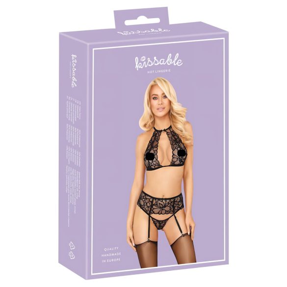 Beso tentador: Set de sujetador de encaje halter (negro)