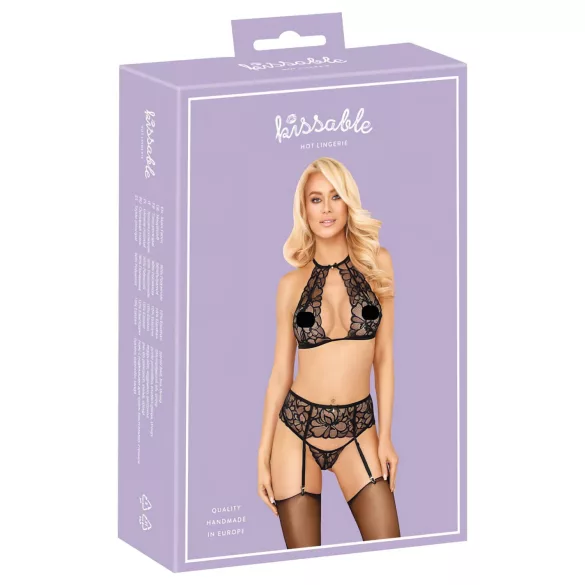 Beso tentador: Set de sujetador de encaje halter (negro)