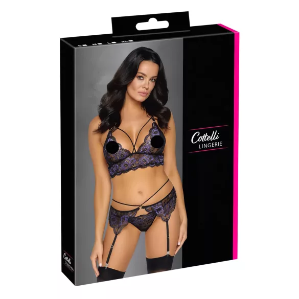 Cottelli - Conjunto de lencería encaje 3 piezas (negro-violeta) - L