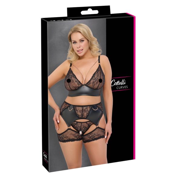 Cottelli Curves - conjunto de sujetador con encaje y detalles de piel - negro