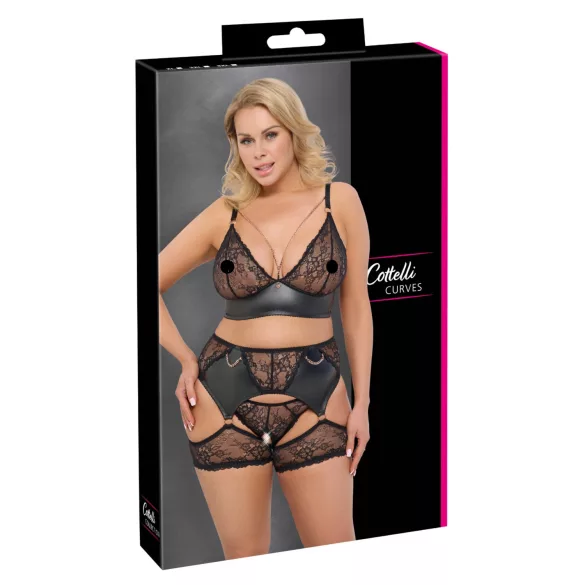 Cottelli Curves - conjunto de sujetador con encaje y detalles de piel - negro - 2XL