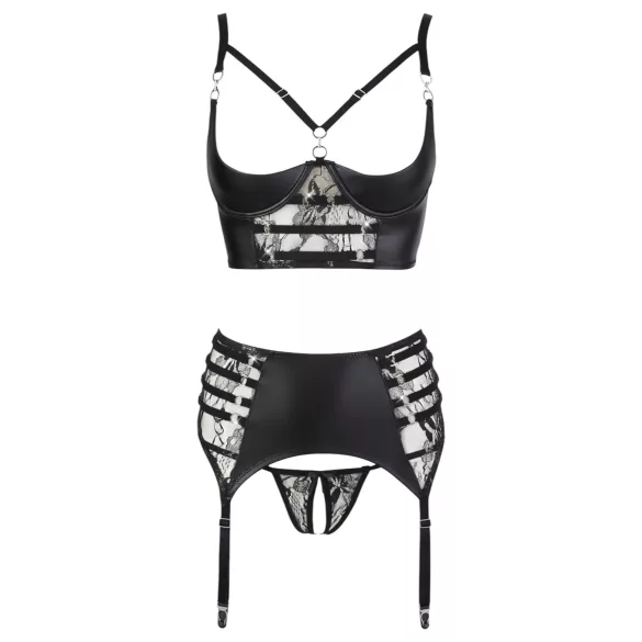 Abierta Fina - conjunto lencería encaje con tirantes brillantes - negro