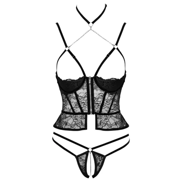 Abierta Fina - conjunto lencería abierto - tanga y corsé - negro - M