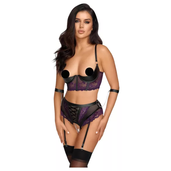 Cottelli Bondage - conjunto lencería con sujetador y esposas - encaje negro lila
