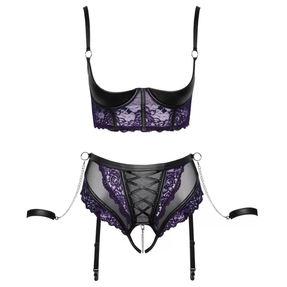 Cottelli Bondage - conjunto lencería con sujetador y esposas - encaje negro lila