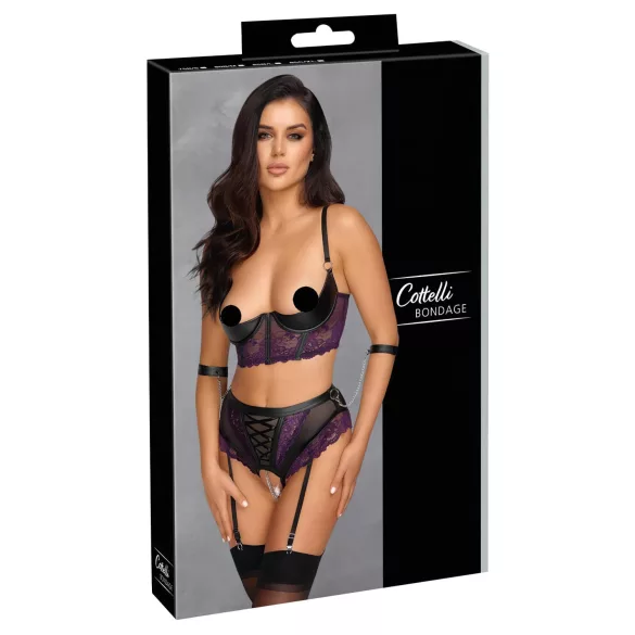 Cottelli Bondage - conjunto lencería con sujetador y esposas - encaje negro lila - M