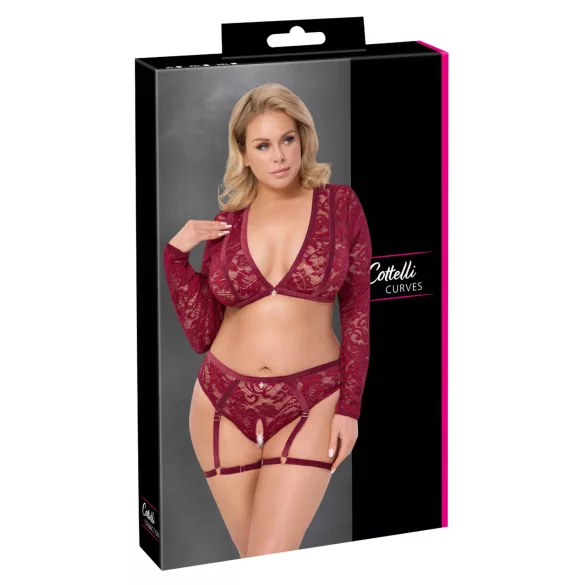 Cottelli Curves - conjunto lencería manga larga encaje rojo