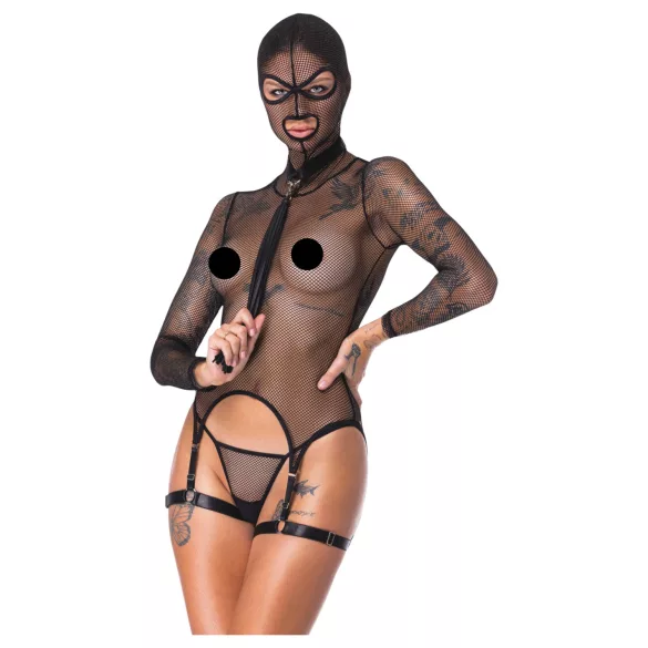 Bad Kitty - Conjunto BDSM de malla transparente con látigo (negro) - M