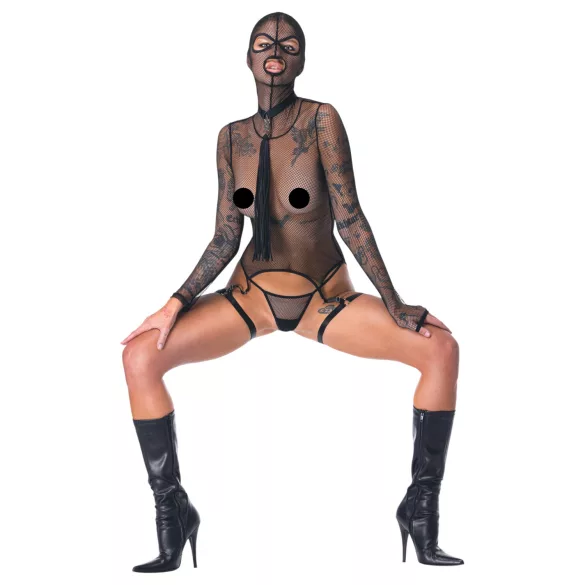 Bad Kitty - Conjunto BDSM de malla transparente con látigo (negro) - L