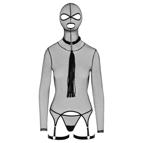 Bad Kitty - Conjunto BDSM de malla transparente con látigo (negro) - L