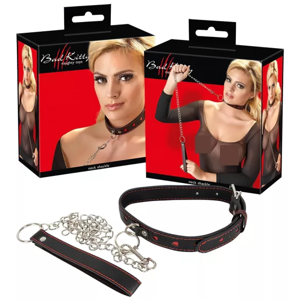 Bad Kitty - collar con corazón y correa de metal - negro
