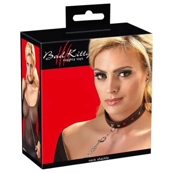 Bad Kitty - collar con corazón y correa de metal - negro
