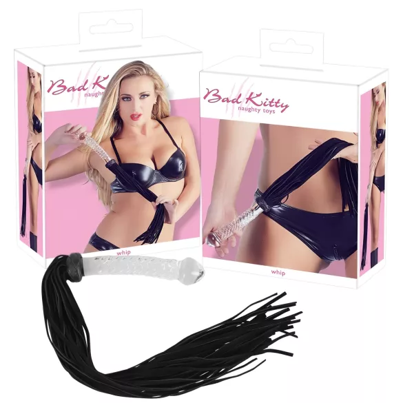 Bad Kitty - látigo de cuero con consolador de vidrio - transparente negro