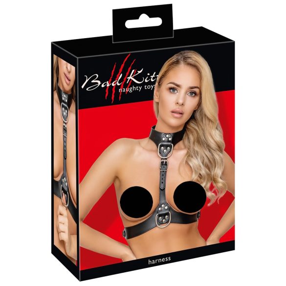 Bad Kitty - arnés cuerpo efecto cuero con D-rings (negro)