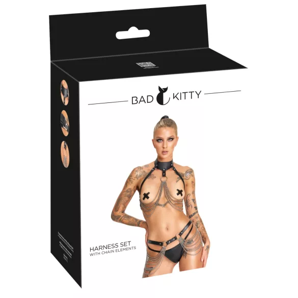 Bad Kitty - Arnés negro de 3 piezas con correas para pecho y cadera (Talla S-L)