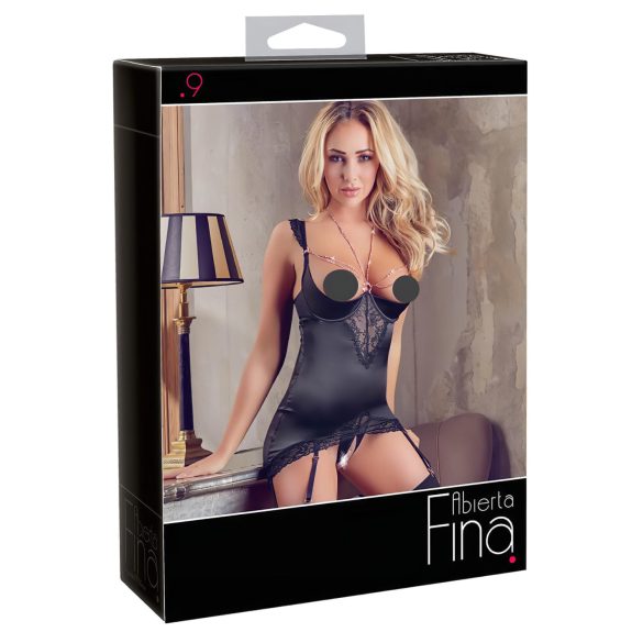Abierta Fina - top y tanga negro con cadenas brillantes - 85C/XL