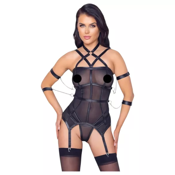 Cottelli Bondage - top con correas, esposas y tanga (negro) - M