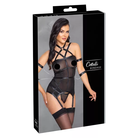 Cottelli Bondage - top con correas, esposas y tanga (negro) - L