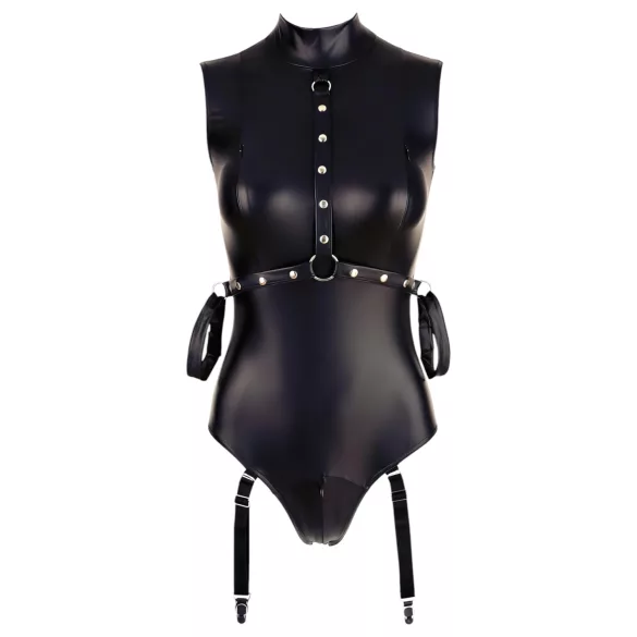 Cottelli Bondage - body brillante sin mangas y esposas para brazos - negro - L
