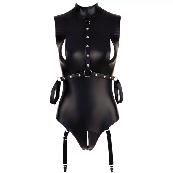 Cottelli Bondage - body brillante sin mangas y esposas para brazos - negro - XL