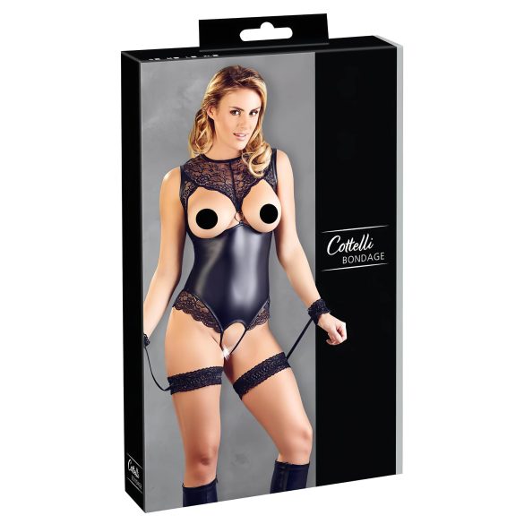 Cottelli Bondage - body brillante abierto y esposas (negro)