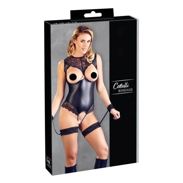 Cottelli Bondage - body abierto brillante y esposas (negro) - M