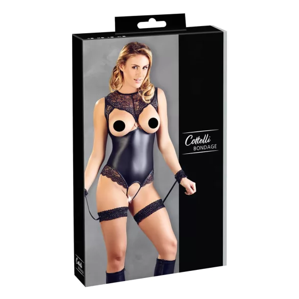 Cottelli Bondage - body abierto brillante y esposas de muñeca - negro - L
