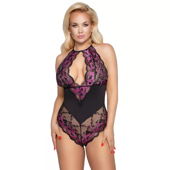 Cottelli Plus Size - body de encaje floral - negro lila