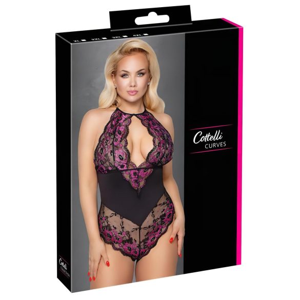 Cottelli Plus Size - Body floral (negro-violeta) - 3XL