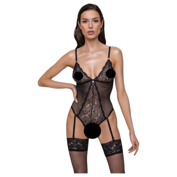 Cottelli - body abierto de encaje con portaligas (negro)